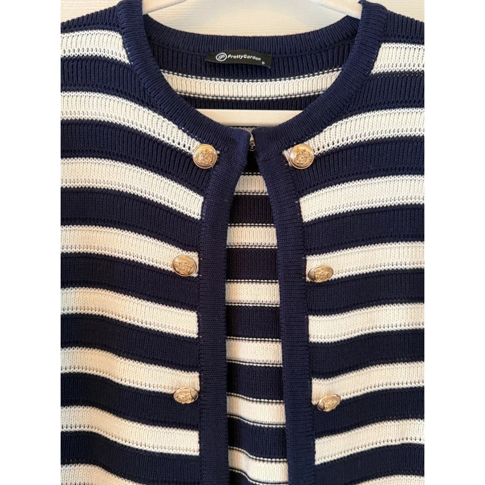 PrettyGarden Navy White Striped Cropped Cardigan‎ Gold Button Sweater Small NWOT